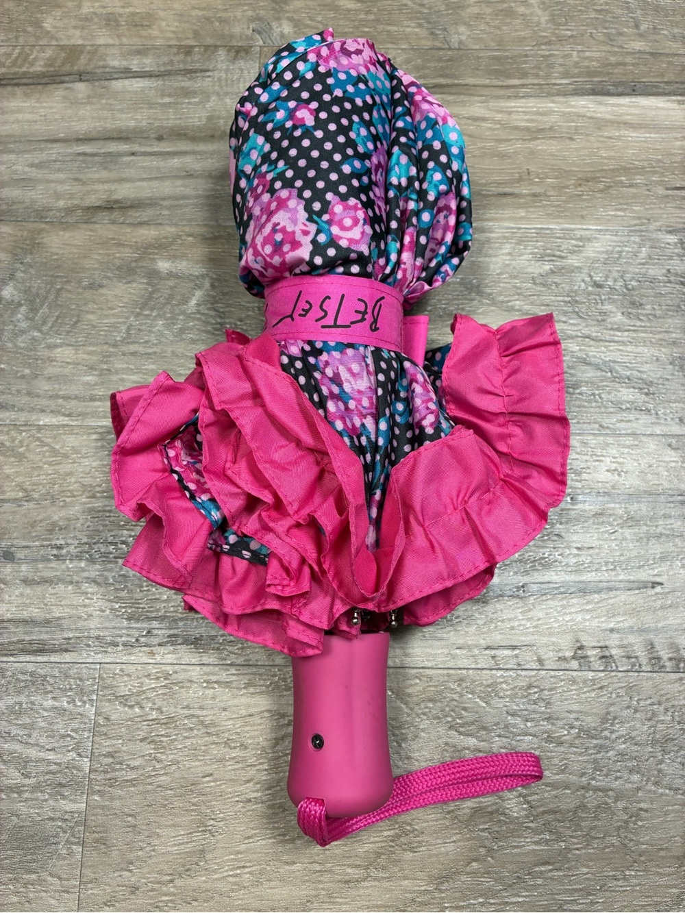Betsy Johnson Ruffle Floral Polka Dot Rain Umbrella